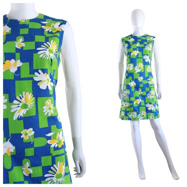 1960s Mod Psychedelic Daisy Print Shift Dress - 1960s Mod Sundress - 1960s Psychedelic Print Dress - 1960s Trippy Daisy Dress | Size Large 