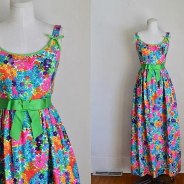 Vintage 1960s Neon Floral Maxi Dress / XXS-XS 