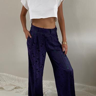 80s baroque pants / vintage plum silky damask high waisted pleated wide leg pants | 29 W 