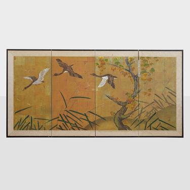 vintage japanese screen, japanese screen, japanese cranes, hand painted japanese screen, asian screen,japanese folding screen, screen 