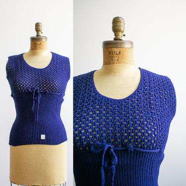 1970s Crochet Blouse / Navy Blue Sweater / 1970s Sweater / Vintage 1970s Crocheted Sweater / Crocheted Blouse / Vintage Blue Sweater Vest 