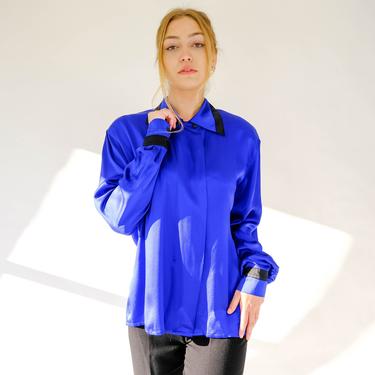Vintage 90s Escada Lapis Blue Silk Asymmetrical Button Up Blouse w/ Black Trim Collar  | Made in Germany | 100% Silk | 1990s Designer Shirt 