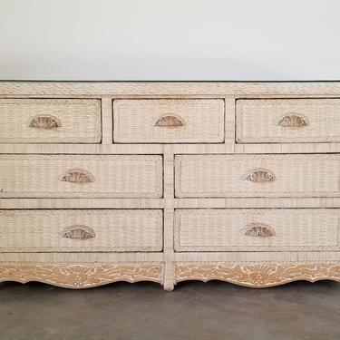 1980s Palm Beach White Wicker Dresser With Shell | Miami Vintage Decor - Miami, FL | ATTIC 1980s Palm Beach White Wicker Dresser With Shell | Miami Vintage Decor - Miami, FL | ATTIC
