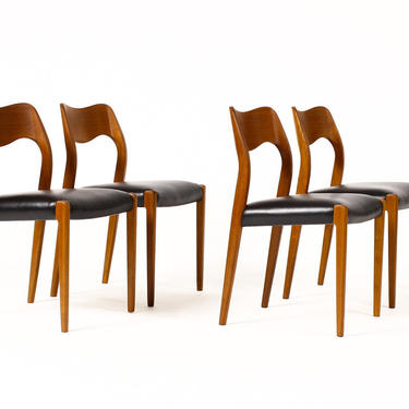 Danish Modern / Mid Century Teak Dining Chairs — J.L. Moller Model #71 —Black Leather — Set of Four 