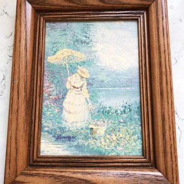 Vintage Signed Original by Artist Granger Oil Painting of 1900s Woman Gathering Flowers Artwork in Canvas Certified Authentic by LeChalet
