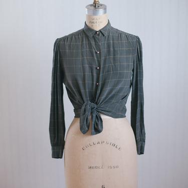 70s sage silk plaid blouse by david hayes // vintage womens clothing // button down blouse size small medium 