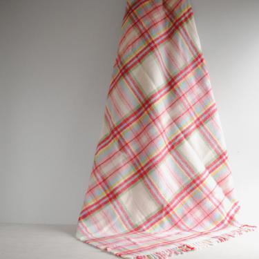 Vintage Plaid Wool Blanket in Pink and White, Vintage IKEA Wool Throw Blanket, Twin Size Cozy Wool Blanket with Fringe 