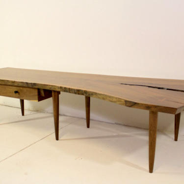 Walnut Live Edge Slab Crotch Cut Coffee Table Bench With Drawer Mid Century Studio Style 