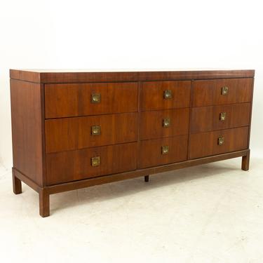 Lane Mid Century Walnut and Brass 9 Drawer Lowboy Dresser - mcm 