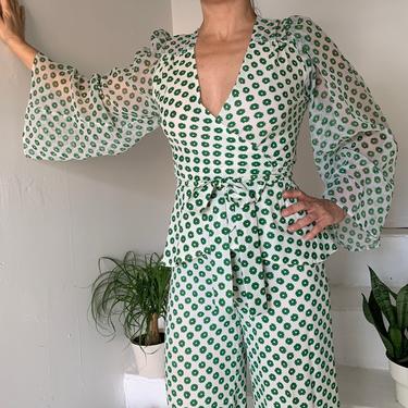 1970s Two Piece Wrap Blouse & Bell Bottom Set TOBY TANNER 34 Bust Vintage 