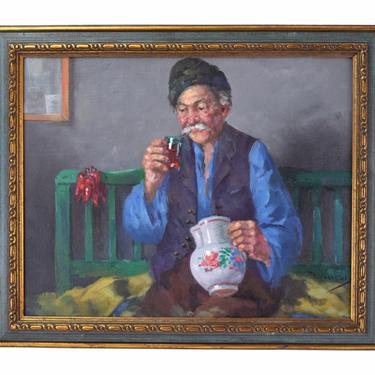 Vintage Seated Old Man Drinking Wine Oil Painting Istvan Horvath Hungarian 