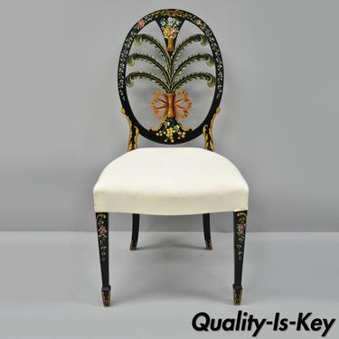 Hand Painted Adams Style Prince of Wales Plume Carved Black Side Chair