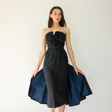 Vintage 50s Black Satin with Metallic Blue Polkadot Brocade Wiggle Dress | Bombshell, Marilyn, Pinup Dress | 1950s Cocktail Party Gown 