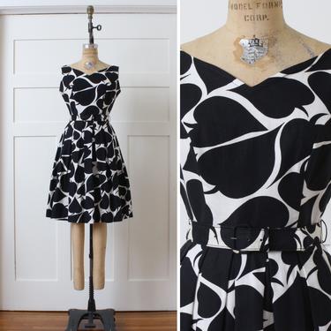 vintage 1960s belted cotton dress • bold black &amp; white leaf print • sleeveless full skirt sundress 