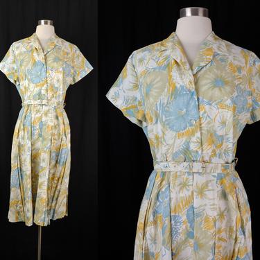 Vintage Sixties Short Sleeve Fit and Flare Dress - 60s Medium Belted Shirtwaist Dress - 1960s Blue Floral Pleated Crepe Dress 