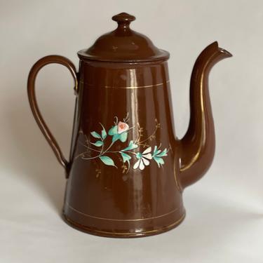 Early Twentieth Century French Enameled Pitcher Brown with Hand Painted Flowers 