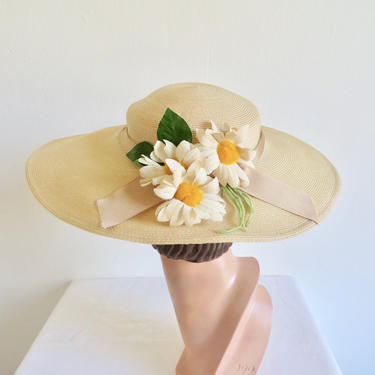 Vintage 1950's Ivory Cream Straw Wide Brim Hat Daisies Floral Trim Spring Garden Party Bridal Wedding Clemar 50's Millinery 