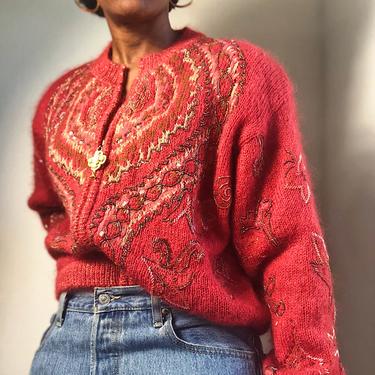 Vintage 1970s 1980s 70s Beaded Zip Front Cardigan Sweater Jacket Salmon Peach Teracotta Hand Beaded Knit Metallic Thread Pearl Bomber Medium 