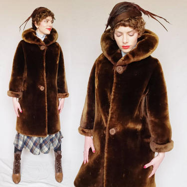 1960s Brown Mouton Fur Coat / 60s A Line Winter Coat Dark Brown Honey Large Collar Sultra Alexander Becher / Medium 