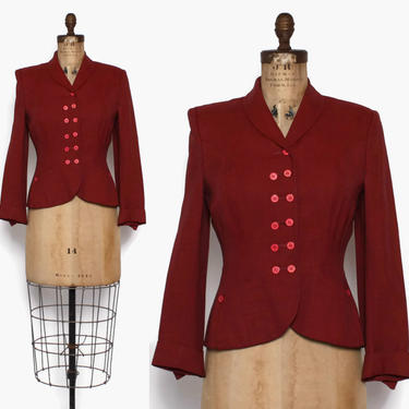 Vintage 40s Burgundy BLAZER / 1940s Button Detail Lightweight Gabardine Tailored &amp; Fitted Jacket 