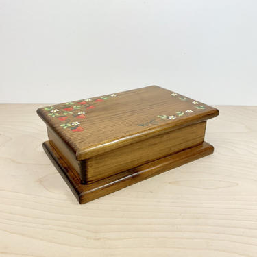 Vintage Hand Painted Wooden Box with Strawberries, Signed 95', Wooden Trinket Box 