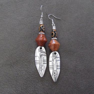 African mask earrings, tribal dangle earrings, wooden earrings, Afrocentric earrings, ethnic earrings, unique primitive earring, tiki orange 