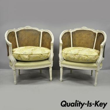 Pair of Caned French Louis XVI Style White Distress Painted Bergere Salon Chairs
