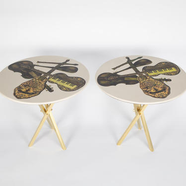 Fornasetti Pair of Side Tables with Musical Instruments Motif 1950s (Signed) - ON HOLD