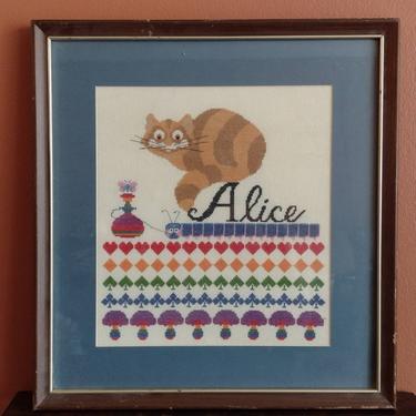 Vintage 80s Handmade Framed Cross Stitch Fiber Art Embroidery "Alice" In Wonderland Cheshire Cat Card Suite Sampler 15x16 
