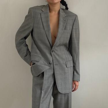 90s plaid wool pant suit / vintage menswear beige Glen plaid light wool baggy suit / boyfriend blazer high waisted pleated pants suit | M 