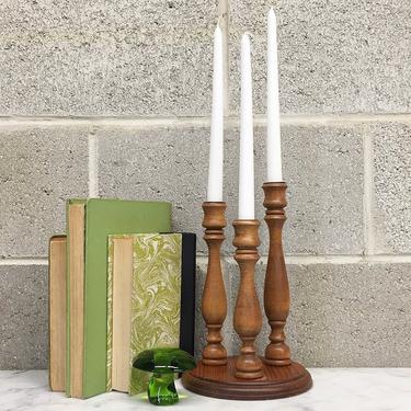 Vintage Candelabra Retro 1980s Colonial + Carved Wood + 3 Candlestick Holder + Candleholder + Home and Table Decor 