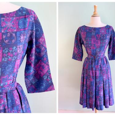 Vintage 1960's Purple Patchwork Print Dress | Size Small 