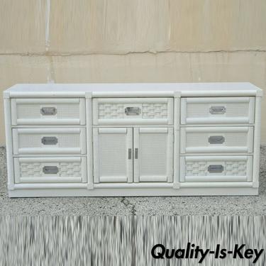 Vintage Dixie Cane Rattan Campaign Style White Long Dresser Credenza Cabinet
