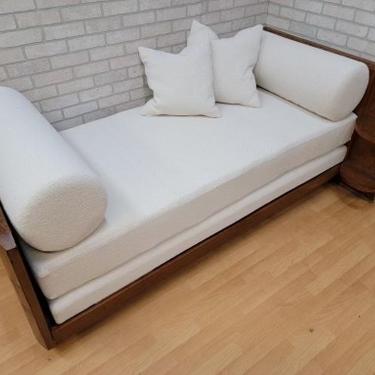 Antique French Art Deco Burled Walnut Daybed Newly Upholstered Plush White Sheep's Wool Boucle