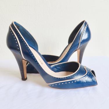 Vintage Size 38 7.5 US Blue and Cream Leather Open Toe High Heel Pumps Wing Tip Design Retro Wear to Work Office Head Over Heels London 