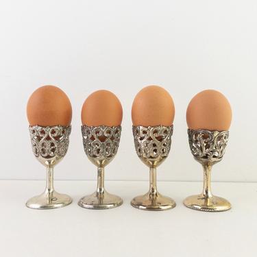 Set of 4 Vintage Filigree Egg Cups, Four Ornate Gold Silver Metal Egg Holders 