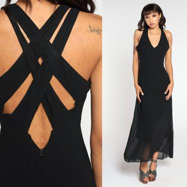 Black Party Dress Strappy Criss Cross 90s Party Dress Maxi Sexy Chiffon Dress Cocktail Formal Vintage Cage Small 