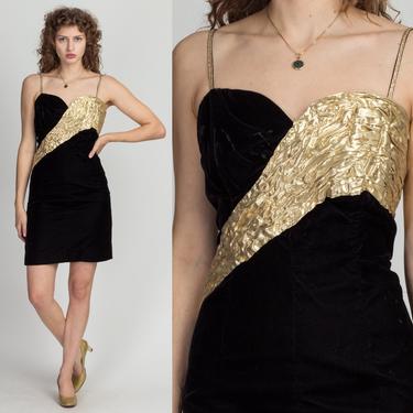 80s 90s Velvet Metallic Mini Dress - Large | Vintage Gold Black Spaghetti Strap Party Dress 