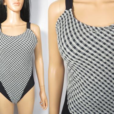 Vintage 90s Jantzen Textured Plaid Black And White One Piece Bathing Suit Swimsuit Size L 