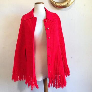 Vintage Shannon Knit Poncho | 70s Red Fringe Sweater Cape by blindcatvintage