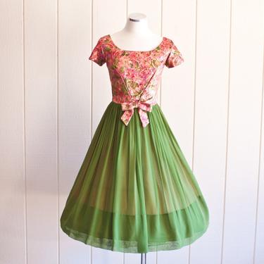 1950’s Vintage Colorful Brocade Top Chiffon Bottom Tea Length Princess Dress by Parade | Size: Medium | Mint Condition 