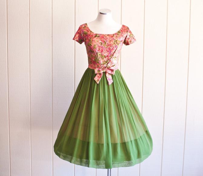 1950’s Vintage Colorful Brocade Top Chiffon Bottom Tea Length Princess Dress by Parade | Size: Medium | Mint Condition 