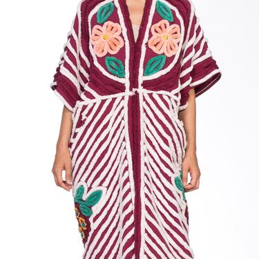 MORPHEW COLLECTION Maroon & White Cotton Chenille Beach Coat Cocoon With Little Peacocks 