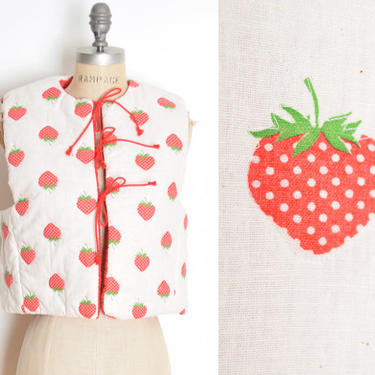 vintage 70s top strawberries print quilted hippie boho vest jacket shirt S M clothing 