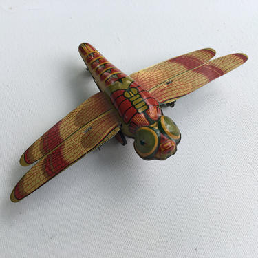 Vintage Tin Litho Mechanical Dragonfly, Friction Toy, Made In Japan, Tin Litho Dragonfly Toy 