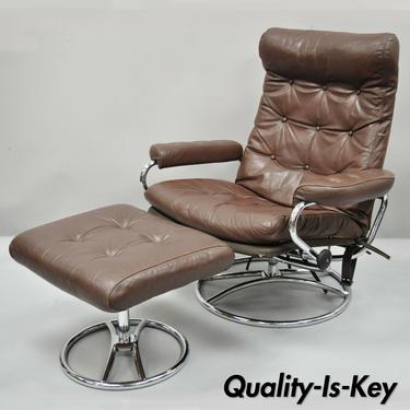 Vtg Mid Century Modern Ekornes Stressless Brown Leather Lounge Chair &amp; Ottoman
