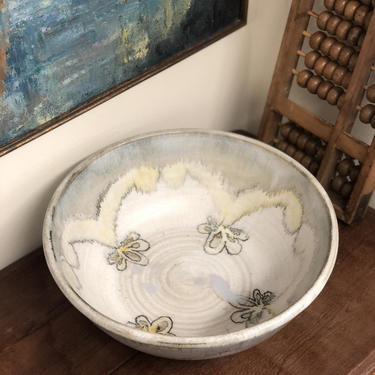 Handmade vintage ceramic white and blue studio pottery mid century modern signed decor bowl tray 