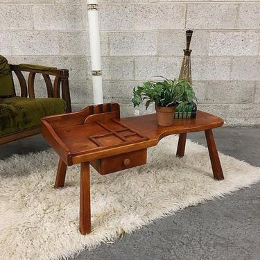 LOCAL PICKUP ONLY Vintage Coffee Table Retro 1970's Brown Wood Cobblers Bench with One Drawer Sectioned Tabletop and Peg Legs 