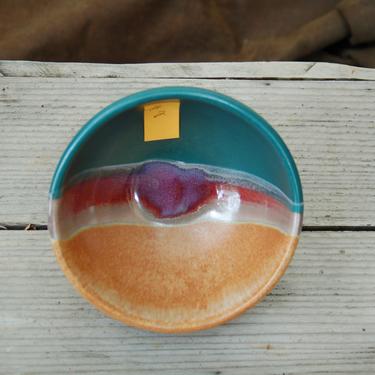 Walt Glass (1943-2016) Studio Pottery Large 4 cup Soup, Cereal, Sm. Mixing Bowl ~Texas Sunset w 3 Color, Drip Glaze, Teal, Magenta & Sand #2 