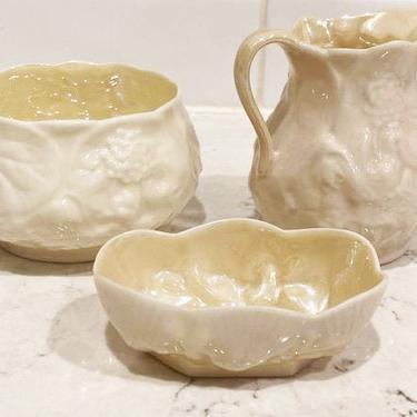 3 Piece of Antique Belleek Fine Porcelain China Creamer and Sugar Bowl and Tiny Bowl Black Stamped Circa 1920s -1940s by LeChalet